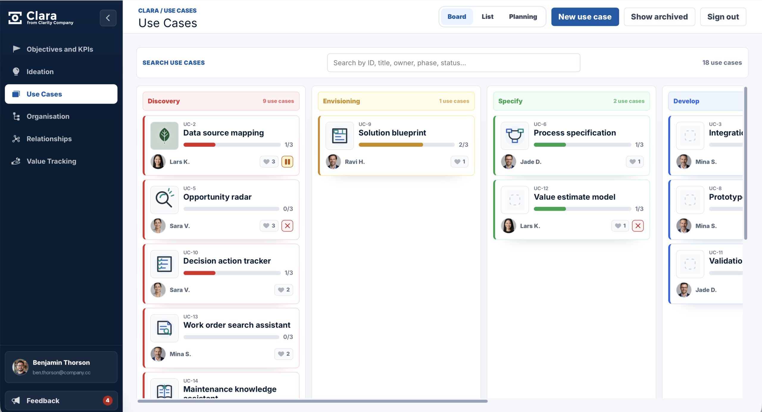 Clara lifecycle board showing use cases progressing through delivery stages